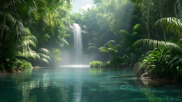 A serene rainforest scene with a waterfall cascading into a clear pool surrounded by lush greenery