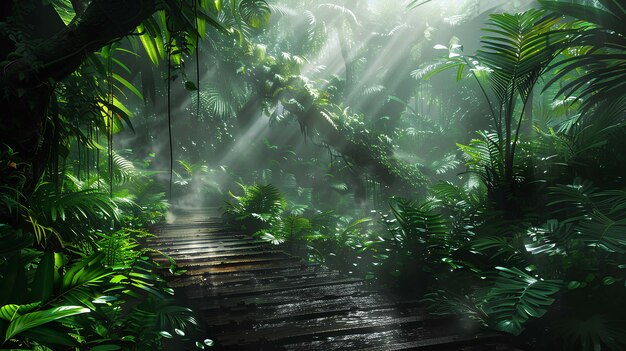 Photo a serene rainforest with sunlight filtering through the canopy and wooden pathway atmosphere nature