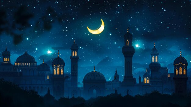 Photo a serene ramadan night scene with a crescent moon and stars shining over a traditional mosque