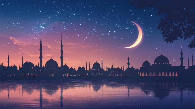 Photo serene ramadan night scene with a crescent moon and stars shining over a tranquil cityscape