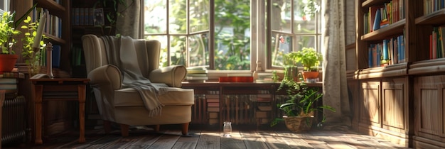 Serene reading corner bathed in sunlight featuring a soft armchair a variety of books