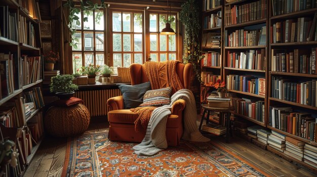 Serene Reading Nook Cozy Chair Bookshelves Warm Lighting Homely Ambience Canon EOS RP Photography