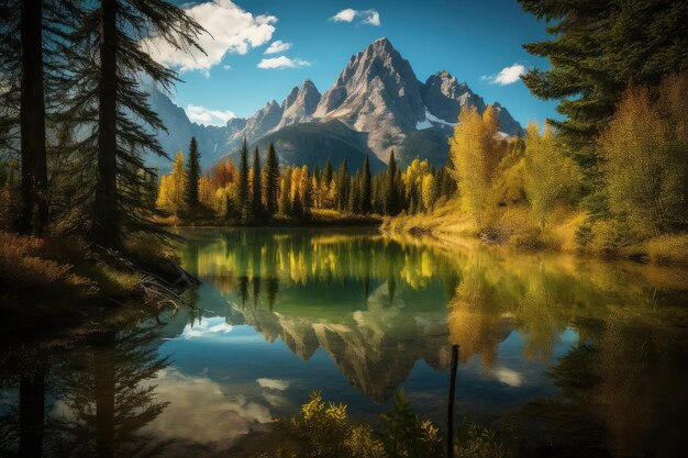 Serene reflection of the Grand Tetons mountains mirrored in a lake generative IA