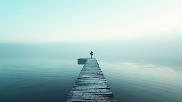 Photo serene reflection person standing on pier overlooking calm water