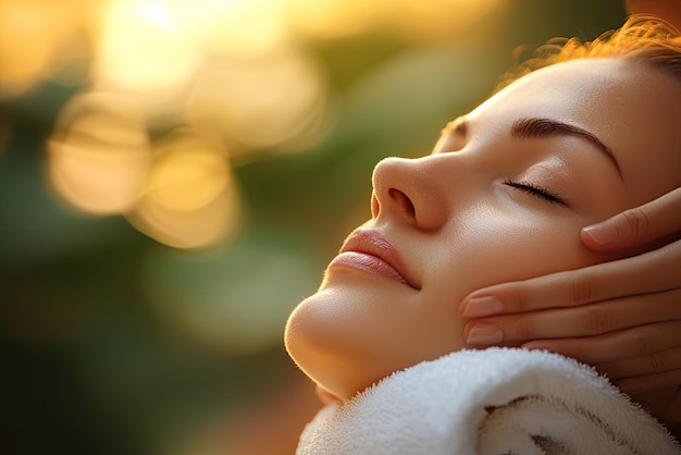 A serene and rejuvenating moment as a woman enjoys a relaxing facial massage surrounded by soft gentle light