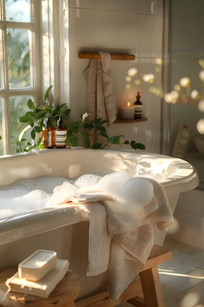 Photo serene and relaxing bath a tranquil sanctuary for unwinding after a long day