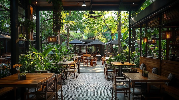 A serene restaurant interior featuring wooden tables lush greenery and natural light creating a peaceful dining atmosphere