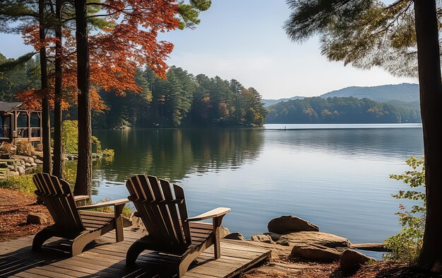 Photo serene retreat by the lake featuring a dock and canoe