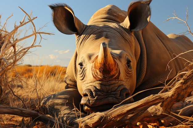 Serene rhino in the African savannah under twisted acacia generative IA