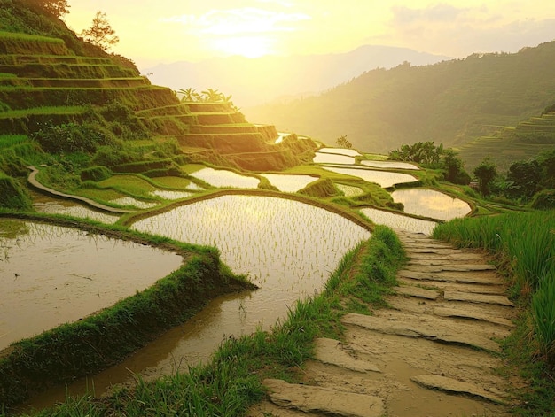 Serene Rice Paddy Terraces in Mountain Valley at Sunset