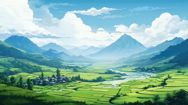 a serene rice terrace landscape with terraced fields stretching into the distance