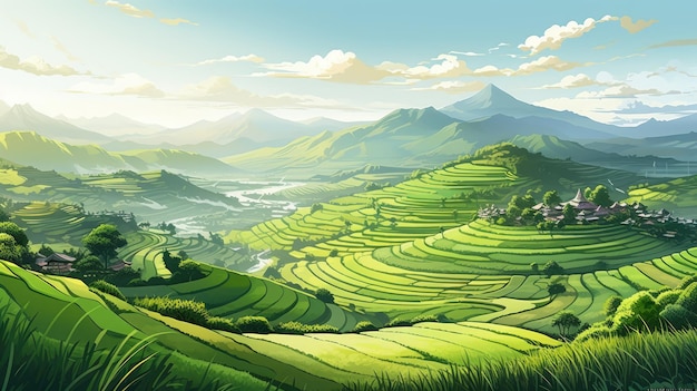 a serene rice terrace landscape with terraced fields stretching into the distance