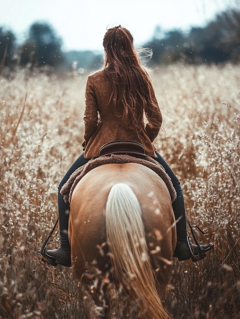 Photo serene ride a woman on a brown horse in a field of tall grass