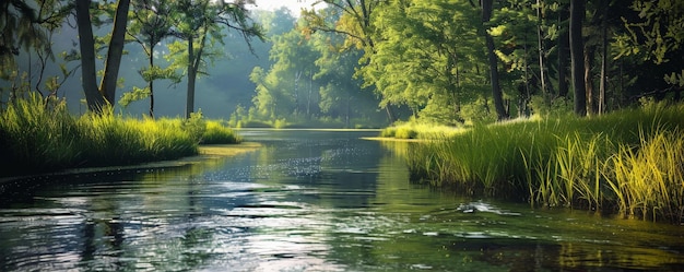 A serene river backdrop with calm waters and lush green banks creating a peaceful and natural