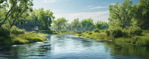 A serene river backdrop with calm waters and lush green banks creating a peaceful and natural