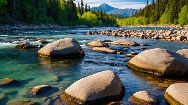 Serene river flowing through a forested mountain landscape