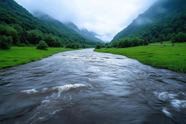 Serene river flowing through lush green mountains under a cloudy sky showcasing the beauty of nature39s landscape