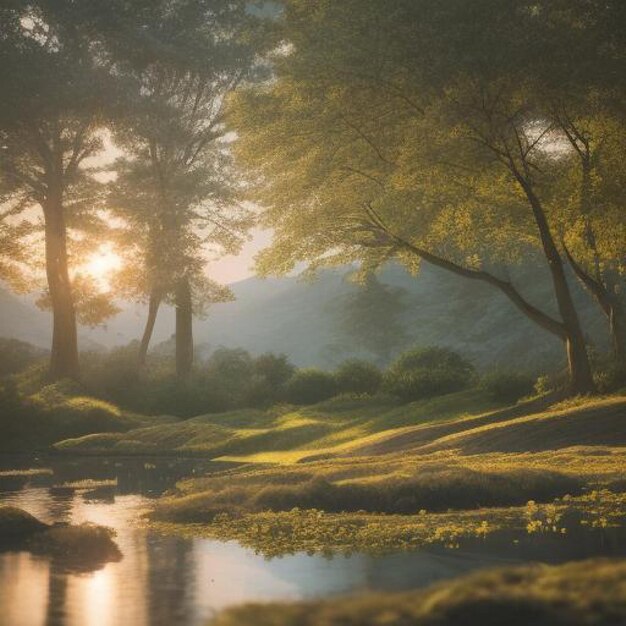 A serene river flows through a lush forest as the sun sets in the background