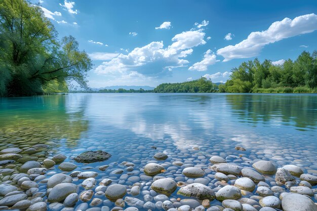 Photo serene river landscape with clear waters and pebbled shoreline