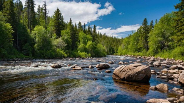 Serene river landscape with flowing water rocks and forest