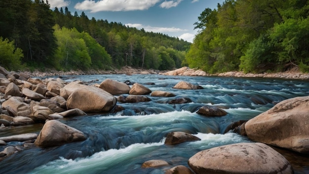 Serene river landscape with flowing water rocks and forest