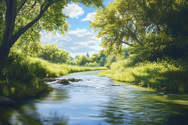 Photo a serene river scene surrounded by lush greenery under a bright sky