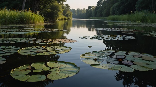 Photo serene river scene with lily pads