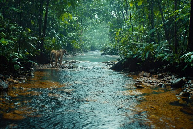 Photo a serene river winding through a dense jungle with exotic animals drinking at its edge