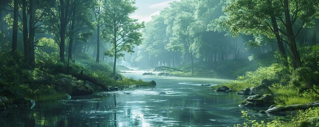 Photo serene river winding through forest 4k hyperrealistic photo