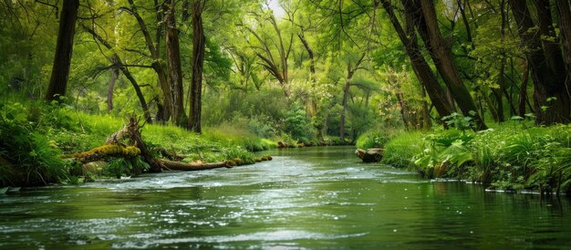 Photo serene river winding through lush forest