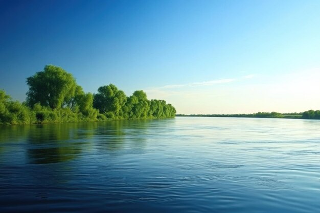 Photo serene riverside landscape with lush green trees calm water