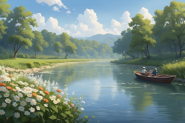 Serene Riverside Pappy Flowers in Gentle Breeze Illustration