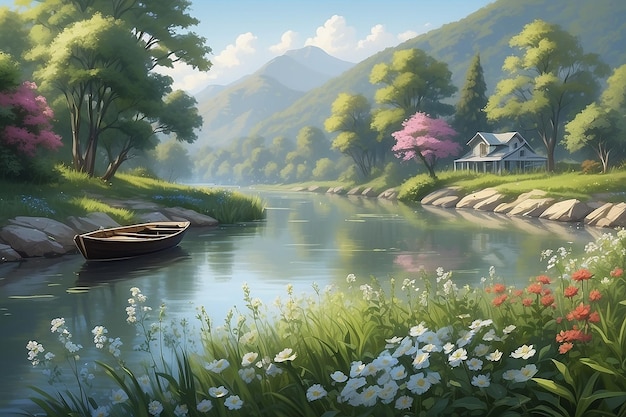 Serene Riverside Pappy Flowers in Gentle Breeze Illustration