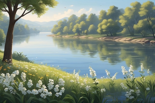 Serene Riverside Pappy Flowers in Gentle Breeze Illustration