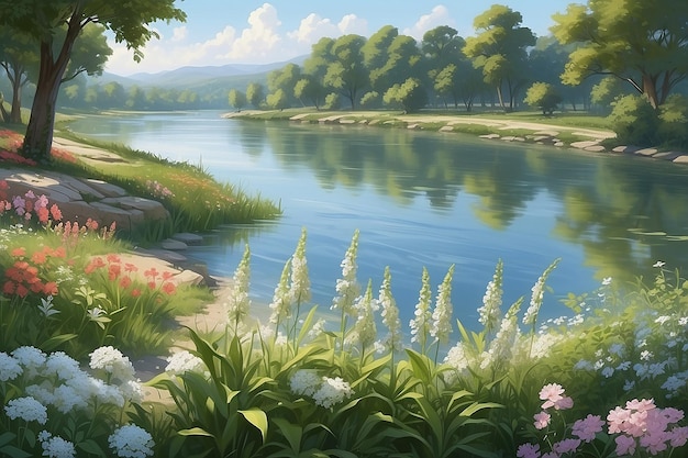 Serene Riverside Pappy Flowers in Gentle Breeze Illustration