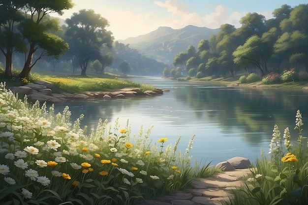 Serene Riverside Pappy Flowers in Gentle Breeze Illustration