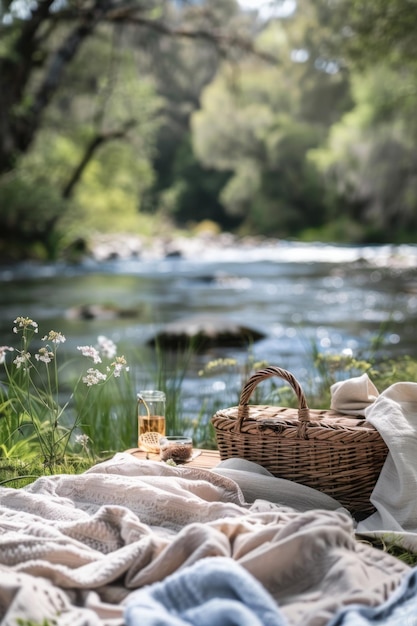 Photo serene riverside picnic on a blanket