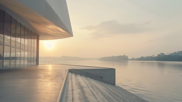 Photo a serene riverside scene at dawn with a modern architectural building reflecting the rising sun over calm waters evoking peacefulness and simplicity