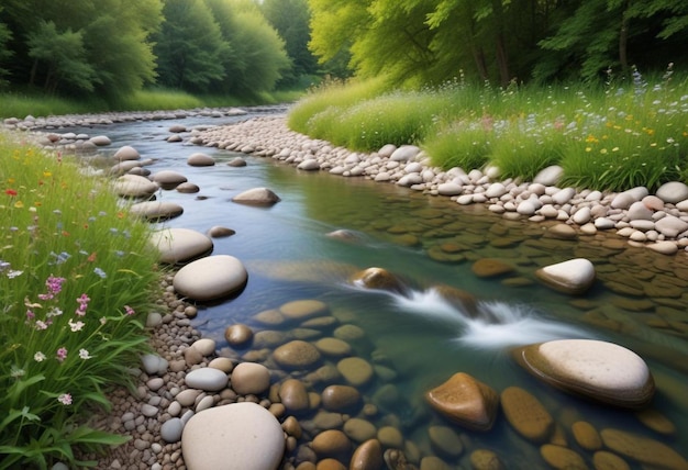 Photo serene riverside scene with tranquil background perfect peaceful escape by calm waters and lush