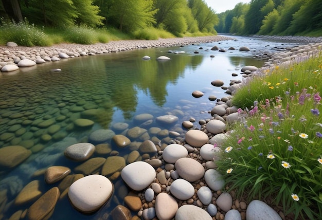 Photo serene riverside scene with tranquil background perfect peaceful escape by calm waters and lush