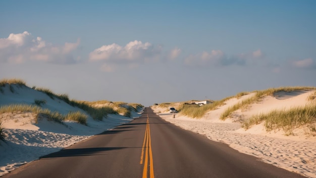 Photo a serene road leading through sandy dunes under a blue sky