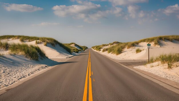 Photo a serene road leading through sandy dunes under a blue sky