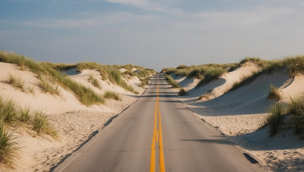 Photo a serene road leading through sandy dunes under a blue sky