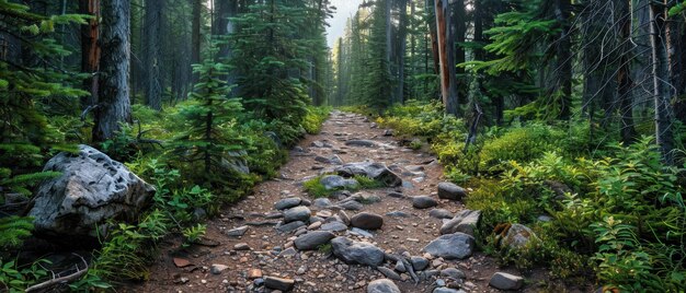 Serene Rocky Mountain Trail Amid Lush Forest Canopy