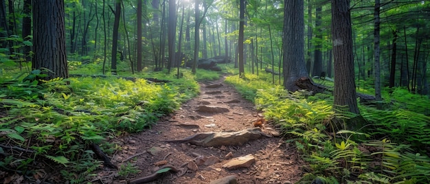 Serene Rocky Mountain Trail Cutting Through Lush Forest Canopy