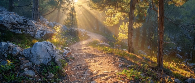 Photo serene rocky mountain trail hiking through sunlit forest canopy