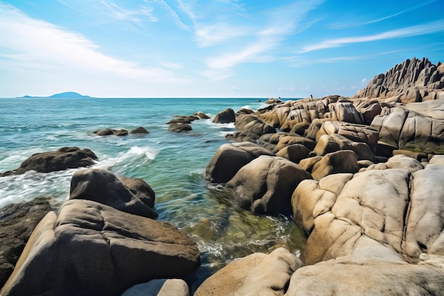 Serene rocky rocks on the coast with mesmerizing ocean water good weather Generative AI