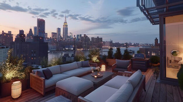 Photo a serene rooftop garden terrace in an urban apartment offering panoramic views of the city skyline a