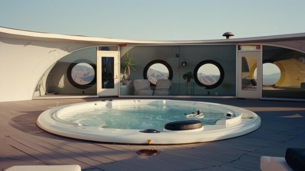 A serene rooftop jacuzzi with circular windows offering panoramic views creating a spacious and modern ambiance for relaxation and leisure