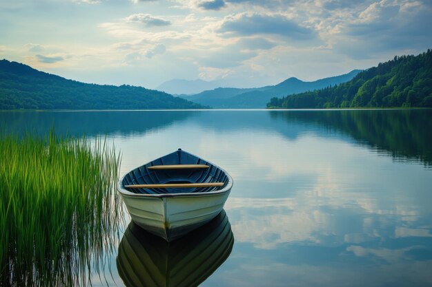 Photo a serene rowboat floats on calm waters at dawn surrounded by lush hills and soft clouds